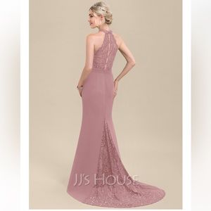 NWT JJs House Trumpet High Neck Train Chiffon Lace #116638 Vintage Mauve Size 8